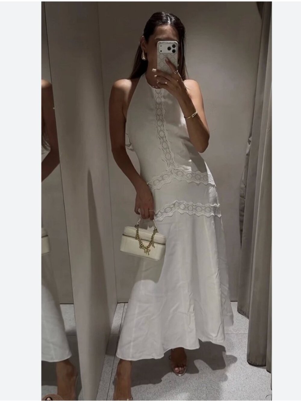 ZARA ZW COMBINATION LINEN HALTER MIDI LACE DRESS WHITE 2566/712/250 M